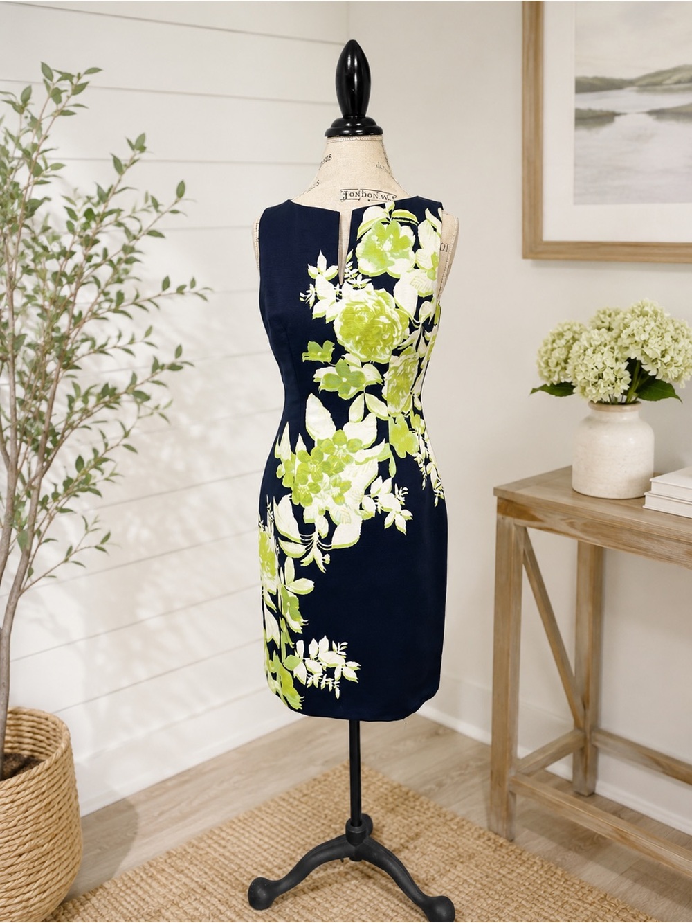 Chetta B Shift Sheath Dress Women’s Size 4 Navy Blue Green Floral Sleeveless